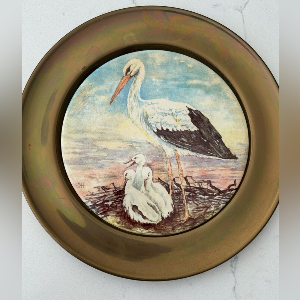 Vintage Berendsohn AG Limited Edition Blue Heron BIRD Plate W Brass Rim 9”